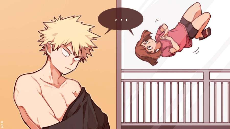 Anime boy watches girl in pink fall through window with ellipses speech bubble. — Cute Bakugo Wallpaper