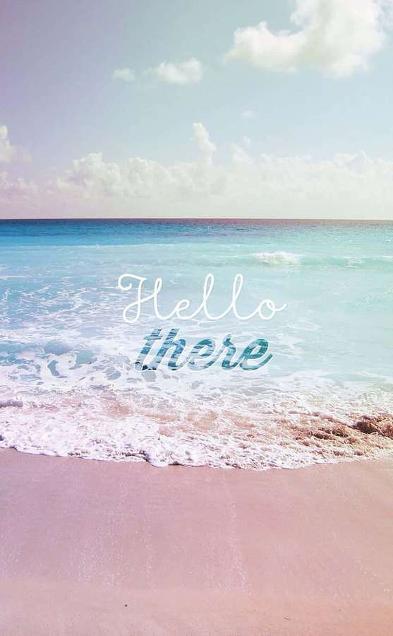 Vaaleanpunainen hiekkaranta turkooseine aaltoineen ja hello there -teksti — Cute Beach iPhone Taustakuvat