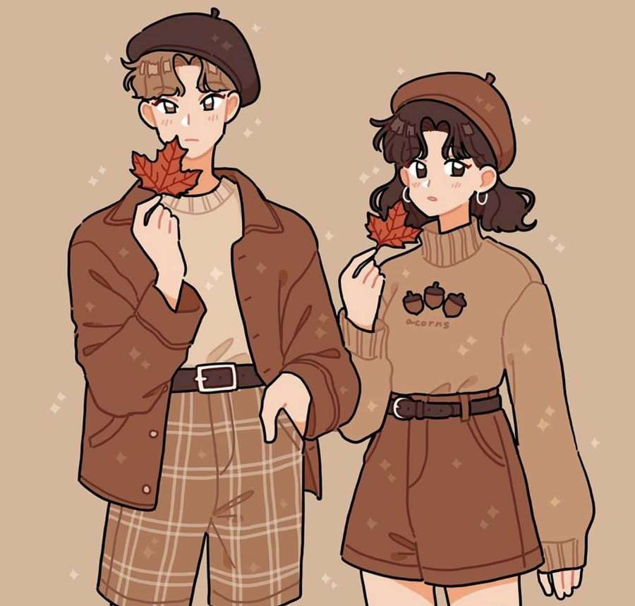 Anime couple in fall outfits holding maple leaves with sparkles around them. — Cute Boyfriend Wallpaper