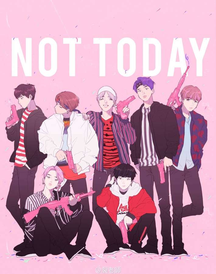 Seven anime boys holding pink guns with confetti falling on a pink background. — Cute Bts Drawing Wallpaper