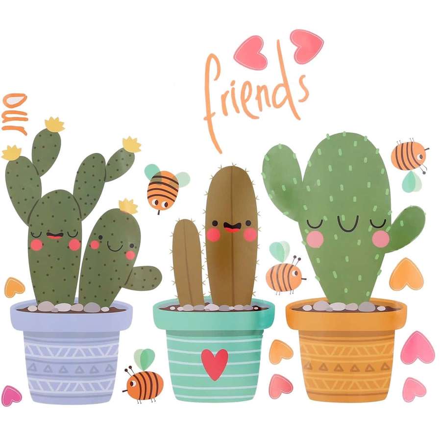 Three cute cacti with bees and hearts celebrating friendship. — Cute Cactus Wallpaper