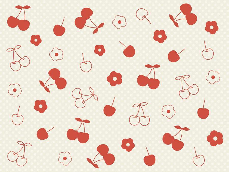 Red cherries and flowers on a beige polka dot background. — Cute Cherry Wallpaper