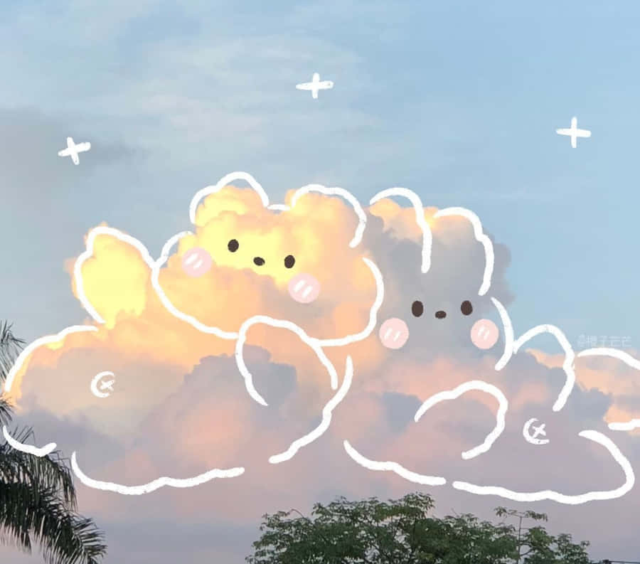 Due orsetti cartooneschi con le guance arrossate in soffici nuvole contro un cielo pastello. — Cute Cloud Sfondi