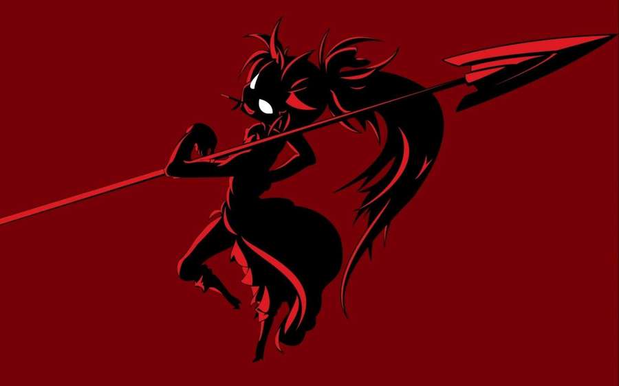 A demonic anime character with glowing eyes holds a spear in a dynamic pose. — Cute Devil Girl Wallpaper