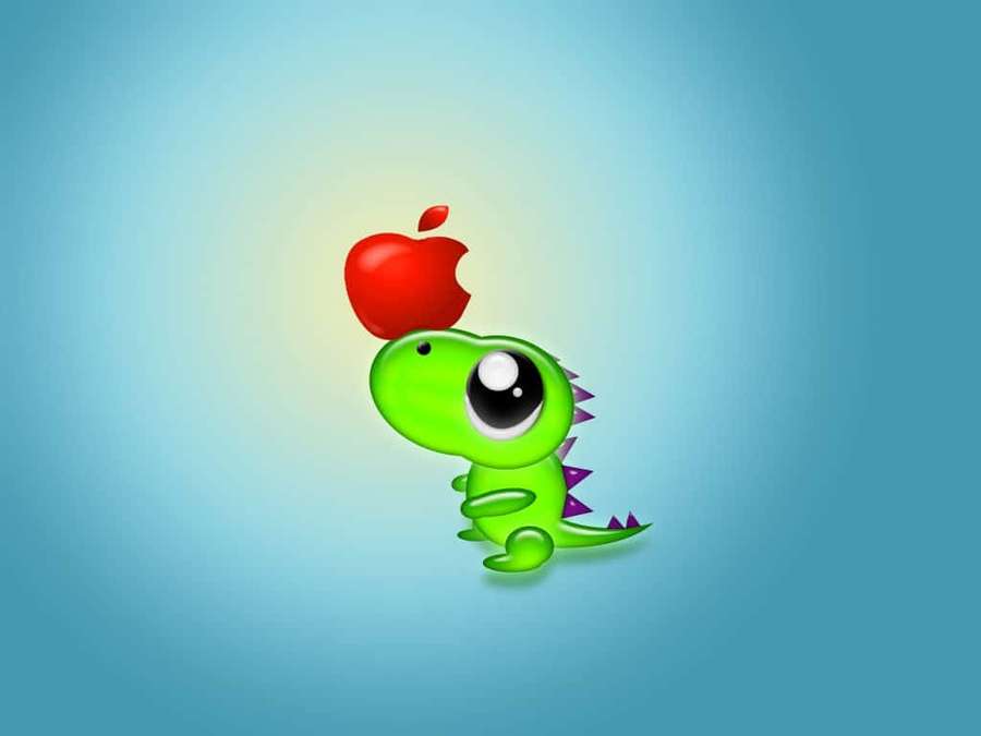 A green cartoon dinosaur balancing a red bitten apple on its head. — Cute Dinosaur Background