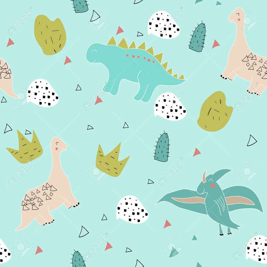 Pastellivärisiä sarjakuvadinosauruksia ja kaktuksia geometrisilla muodoilla minttutaustalla. — Cute Dinosaur Pattern Taustakuvat