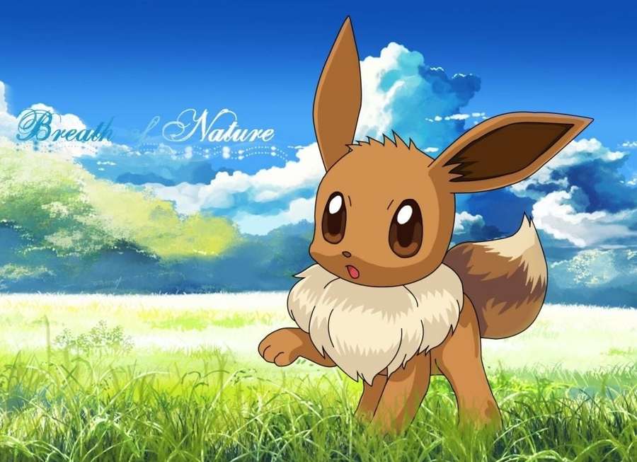 A cartoon Eevee standing in a sunny grassy field under a blue sky with clouds. — Cute Eevee Background