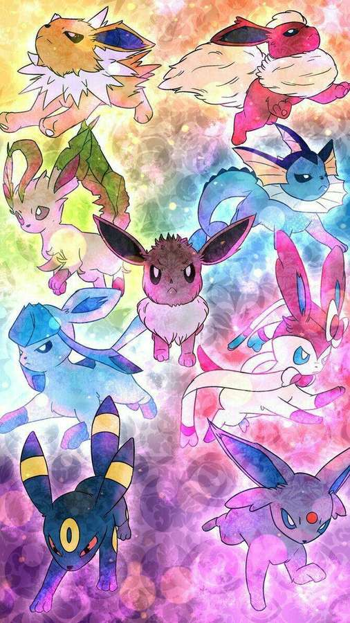 Ni Eeveelutioner i anime-stil svevende i en glødende kosmisk virvel. — Cute Eeveelutions Bakgrunner
