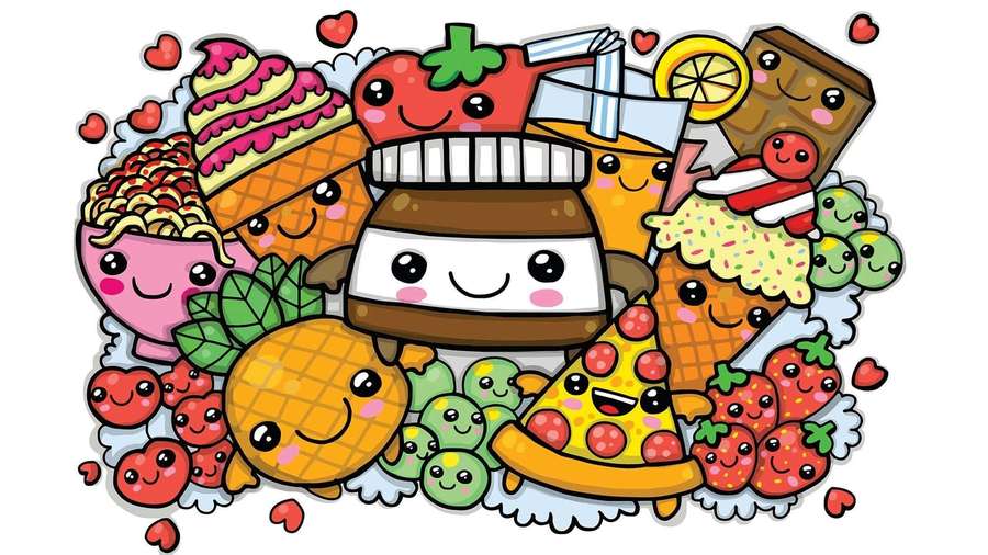 A joyful collection of cartoon food with faces and hearts. — Cute Food Background