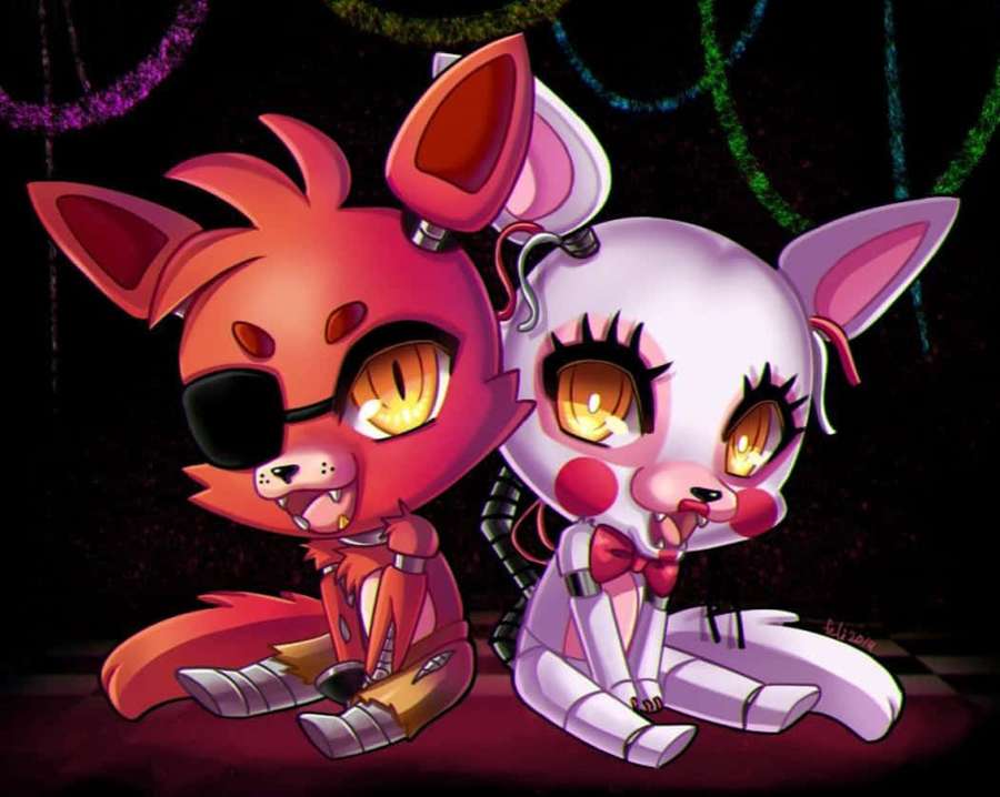Two chibi animatronic characters a fox with an eyepatch and a rabbit with a bowtie sit together under neon lights. — Cute Foxy Wallpaper