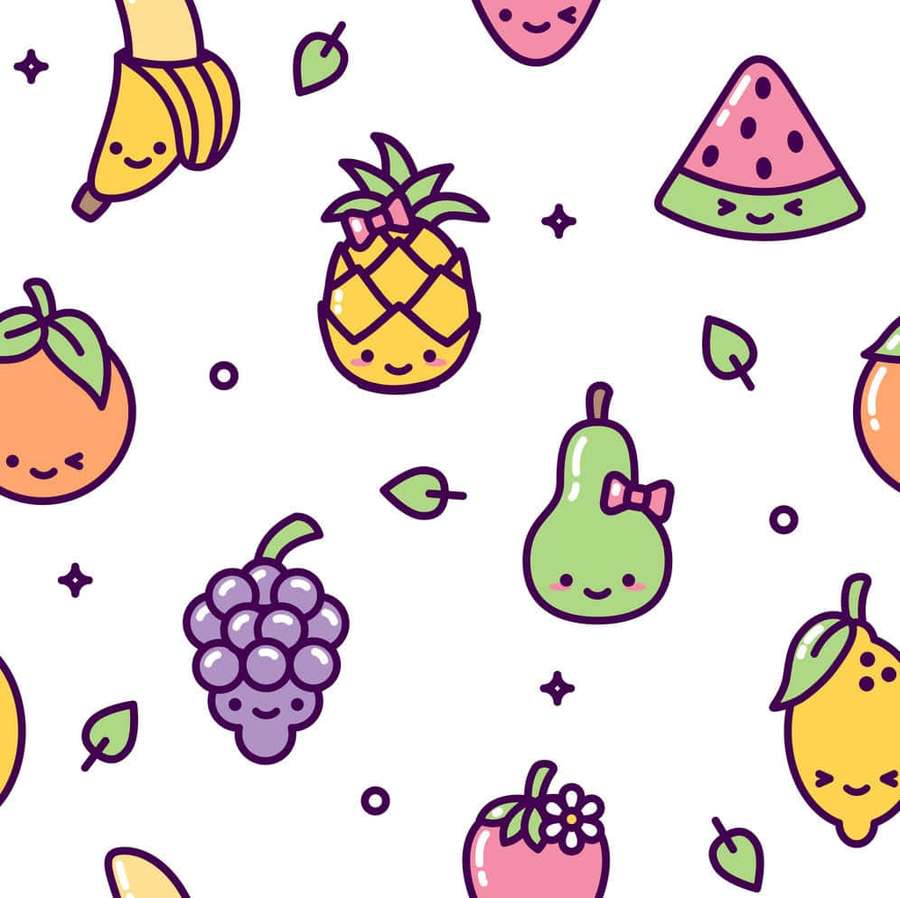 A cheerful pattern of smiling cartoon fruits with bows and leaves. — Cute Fruit Wallpaper