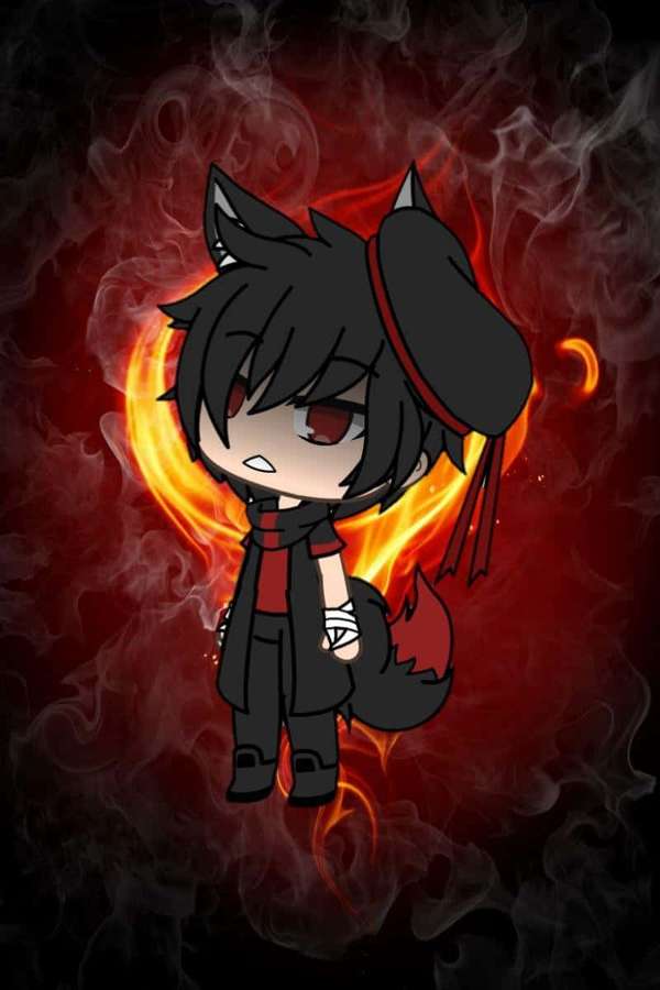 Chibi anime fox character with red eyes surrounded by fire and smoke. — Cute Gacha Life Boy Wallpaper