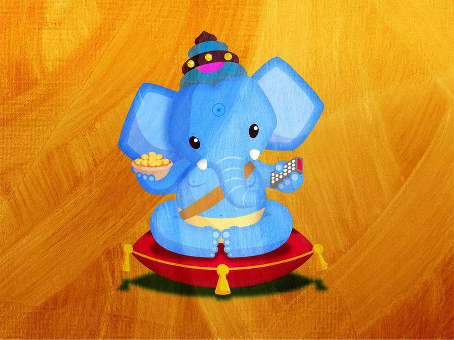 Blue cartoon Ganesha holding sweets and remote on red cushion against golden background — Cute Ganesha Wallpaper
