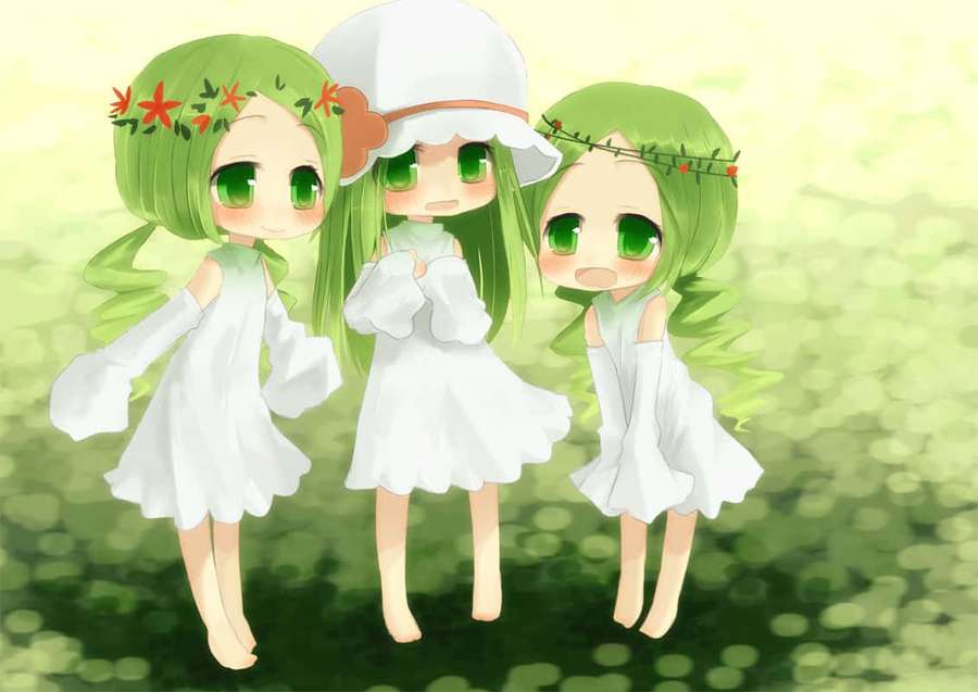 Three chibi anime girls with green hair and white dresses in a green field. — Cute Green Wallpaper