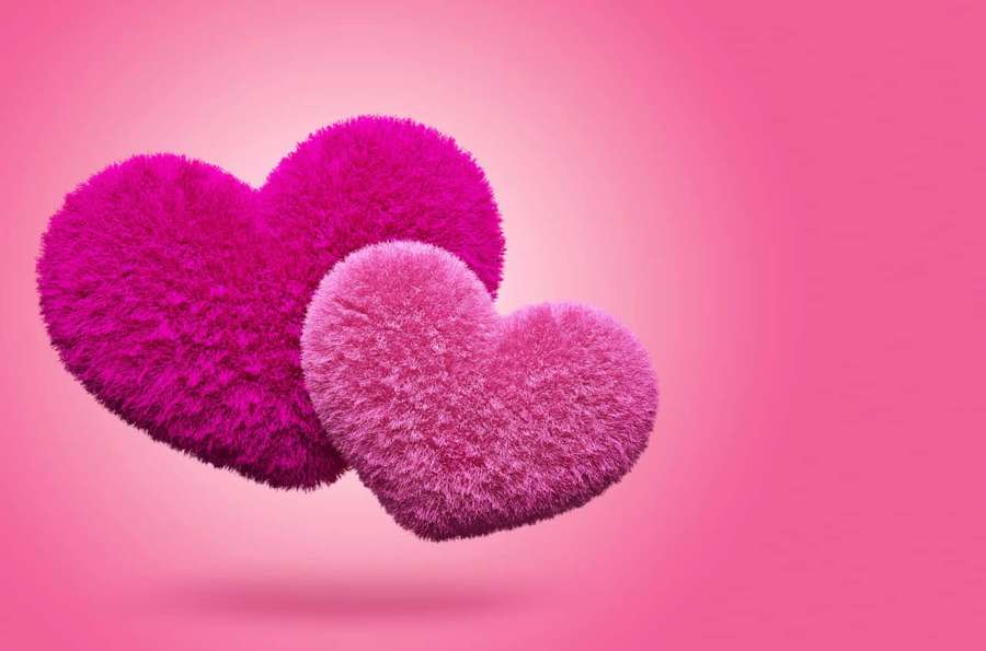 Two fluffy pink hearts floating in a soft pink gradient. — Cute Hearts Wallpaper