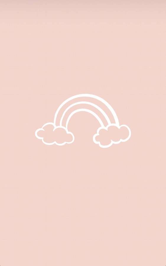 A white outlined rainbow with clouds on a pink background. — Cute Instagram Wallpaper
