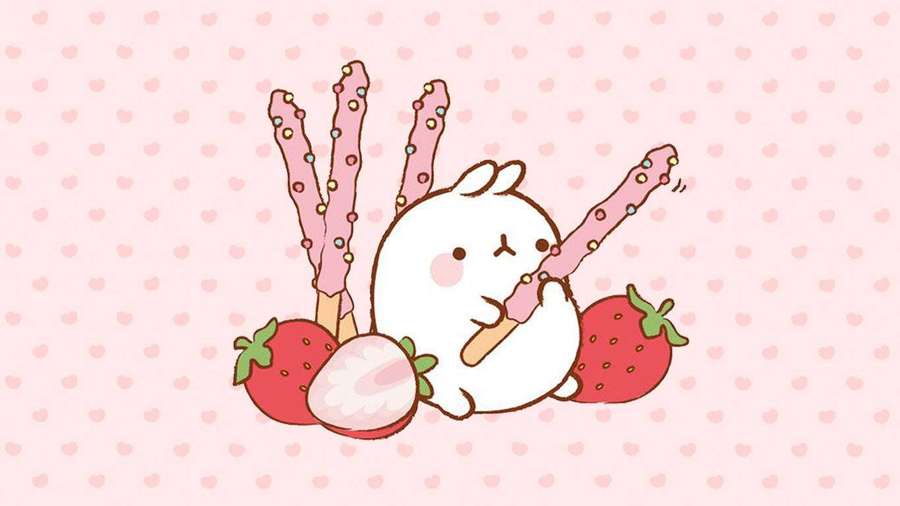 A cartoon bunny eating strawberry popsicles with fresh strawberries around. — Cute iPad Background