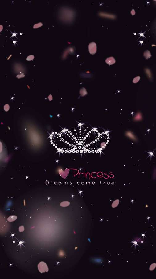 A glittering crown with 'Princess Dreams come true' text surrounded by falling petals and stars. — Cute iPhone Background
