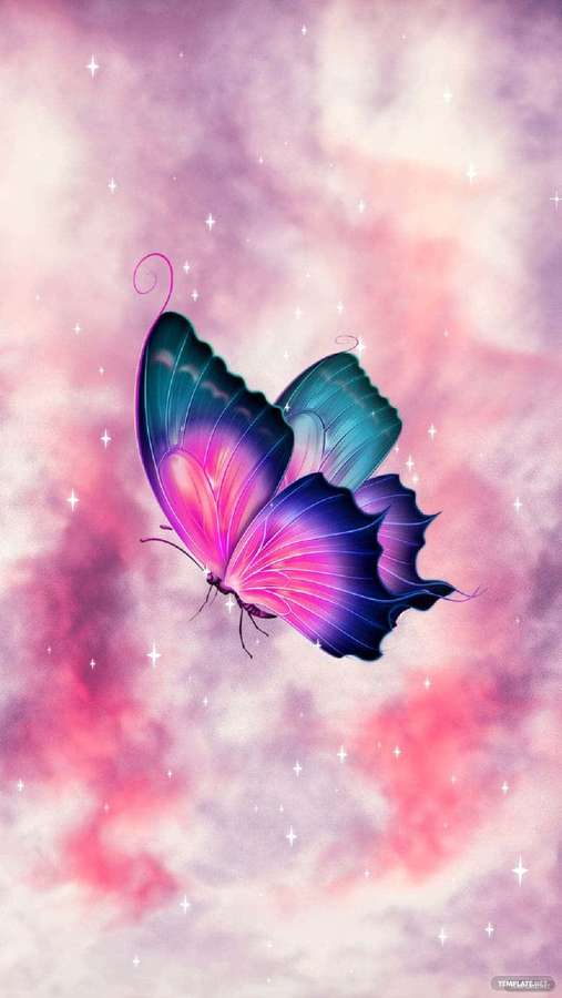 A glowing butterfly with purple and teal wings flies through a pink and lavender starry sky. — Cute iPhone Design Wallpaper