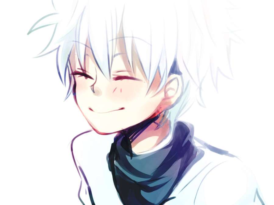 Anime character with white hair and blue scarf smiling brightly. — Cute Killua Wallpaper
