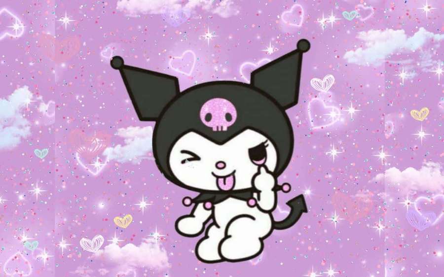 A playful cartoon character with black ears and skull emblem winks against a sparkly purple sky with hearts. — Cute Kuromi Wallpaper