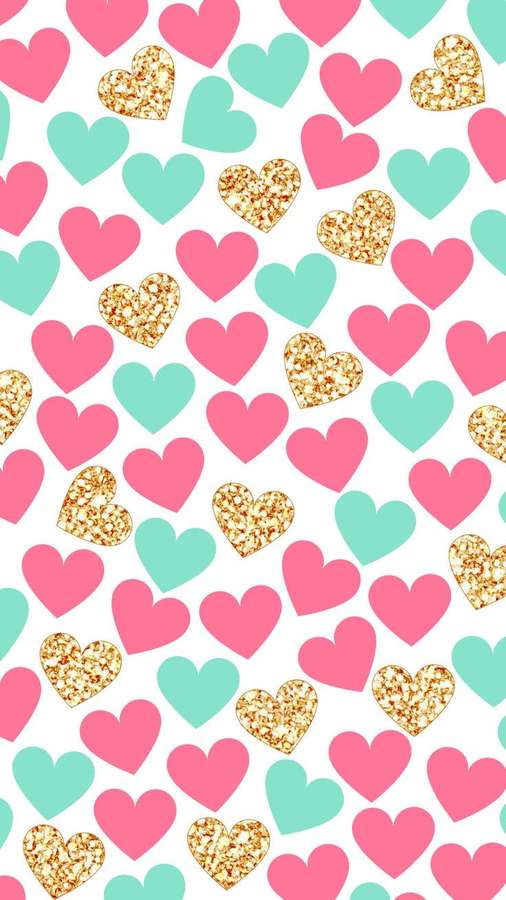 Pink mint and gold glitter hearts on white background pattern. — Cute Love Heart Wallpaper