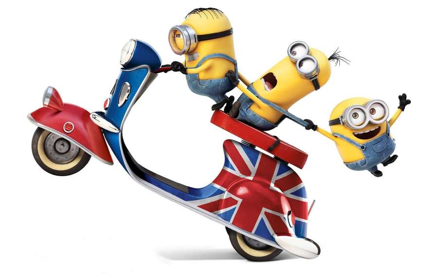 Three Minions riding a scooter with Union Jack flag design. — Cute Minion Background