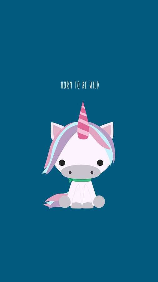 En tegneserieenhjørning med et lyserødt horn og pastelfarvet man sidder på en turkis baggrund med teksten horn to be wild. — Cute Mobile Wallpapers