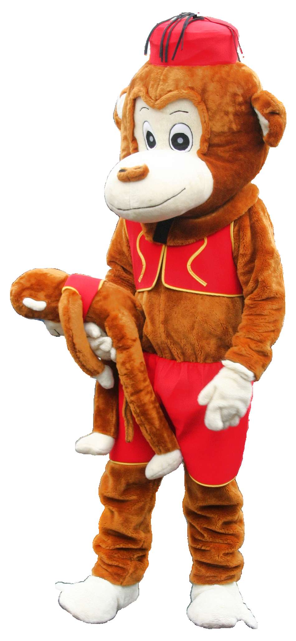 A brown monkey mascot in red costume holding a small monkey plush toy. — Cute Monkey PNG