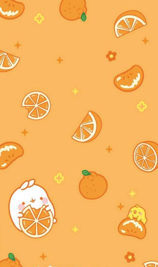 Kelinci kartun lucu dan irisan jeruk di latar belakang oranye hangat dengan bintang kuning. — Cute Orange Wallpaper