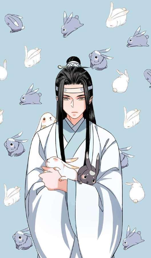 Anime man in white robe holding a rabbit with floating rabbits around him. — Cute Pattern iPhone Picture