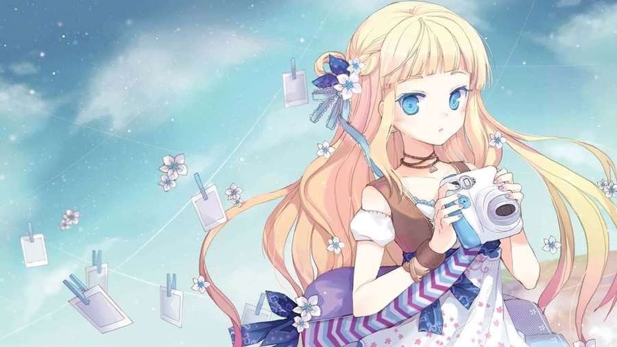 Anime girl with camera floating photo prints in starry sky — Cute Pc Wallpaper