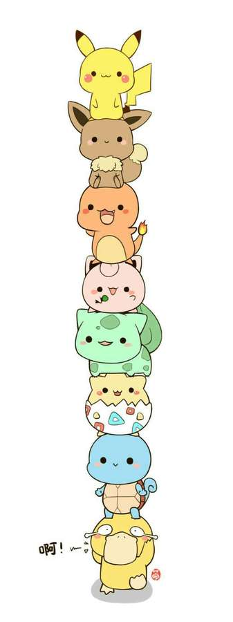 Stack of eight cute anime-style Pokémon characters piled vertically. — Cute Pikachu And Eevee Background