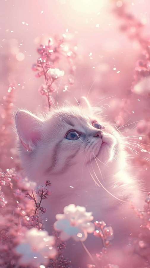 A white kitten with blue eyes surrounded by pink cherry blossoms in soft sunlight. — Cute Pink Cat Wallpaper