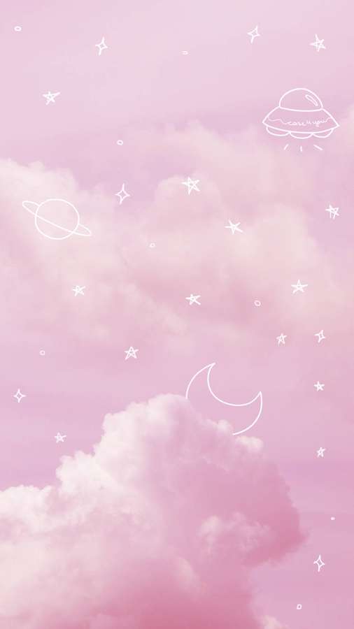 Pink sky with fluffy clouds and white line art of celestial objects and a UFO. — Cute Pink Cloud Wallpaper