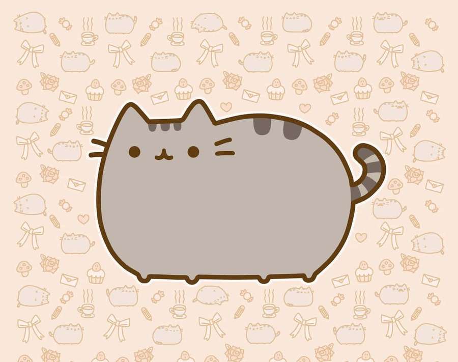 A gray cartoon cat with a striped tail on a patterned background of bows and sweets. — Cute Pusheen Wallpaper