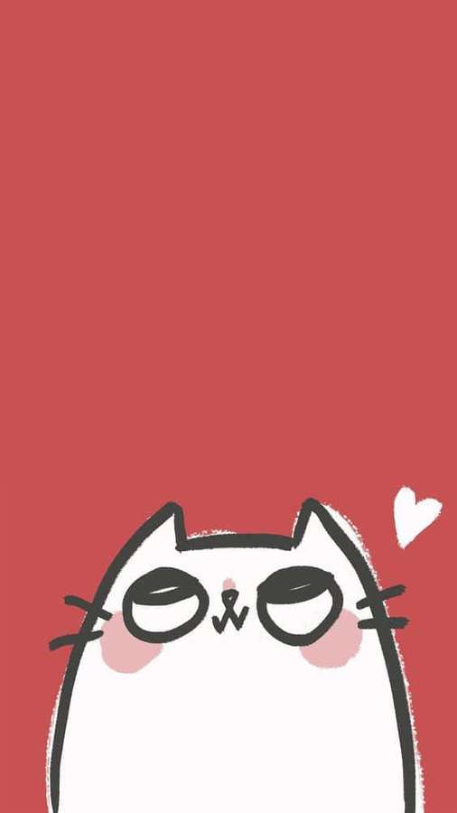 A cartoon cat with rosy cheeks and a floating heart on a red background. — Cute Red iPhone Wallpaper