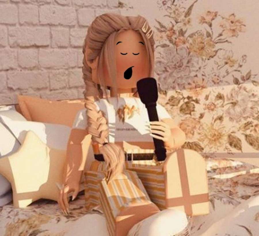 Roblox avatar singing into microphone on floral bed — Cute Roblox Wallpaper