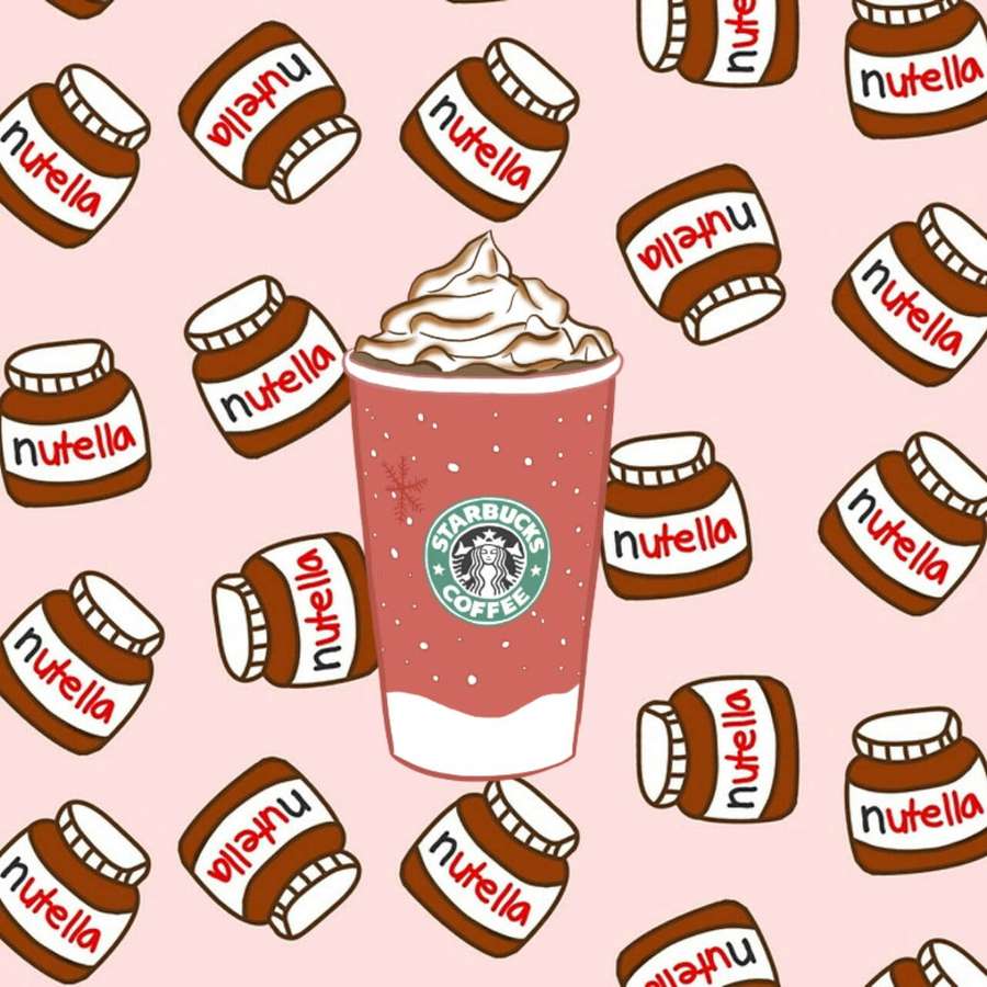 A Starbucks holiday drink with whipped cream surrounded by Nutella jars. — Cute Starbucks Background