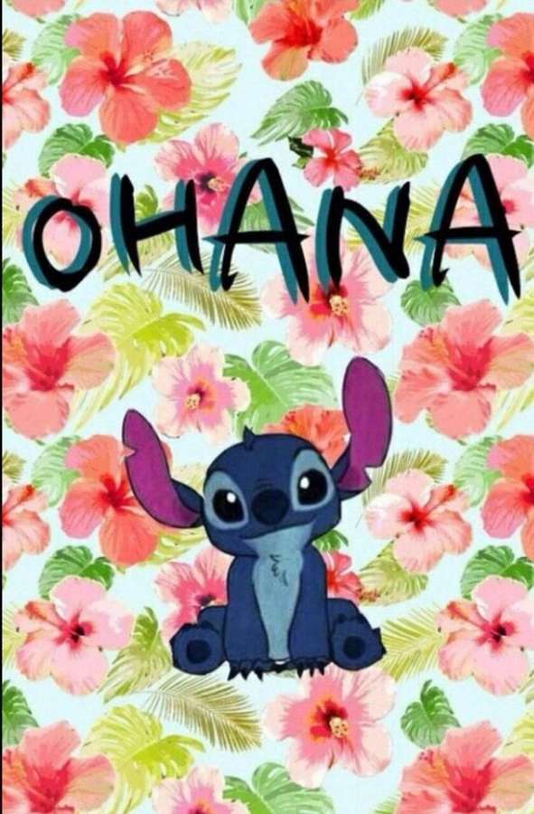 Stitch surrounded by pink hibiscus flowers with 'OHANA' text above. — Cute Stitch iPhone Wallpaper