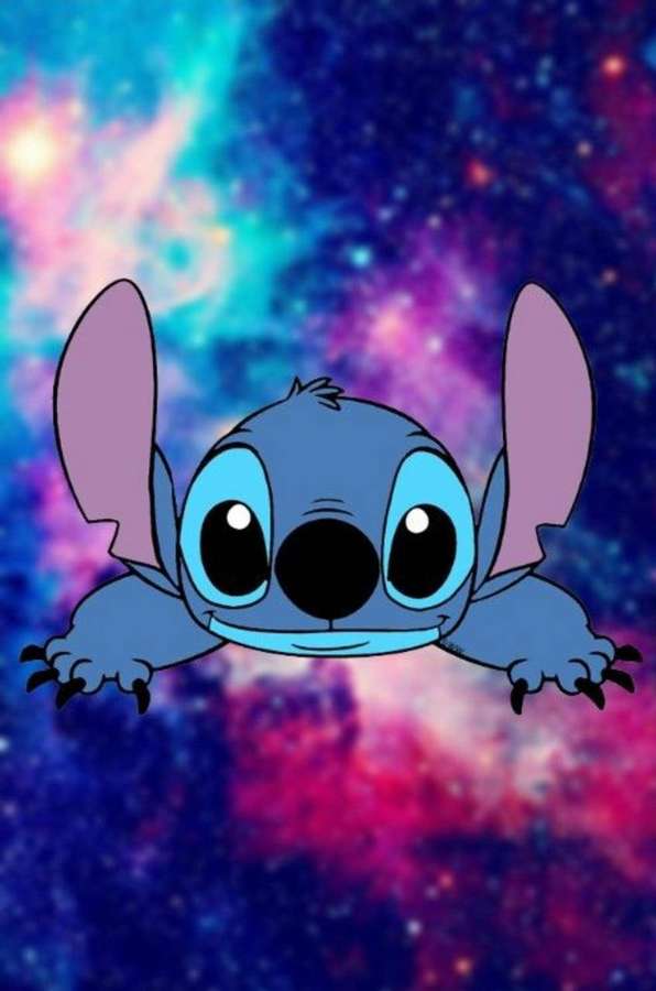 Blue alien Stitch floating in colorful galaxy space — Cute Stitch Wallpaper