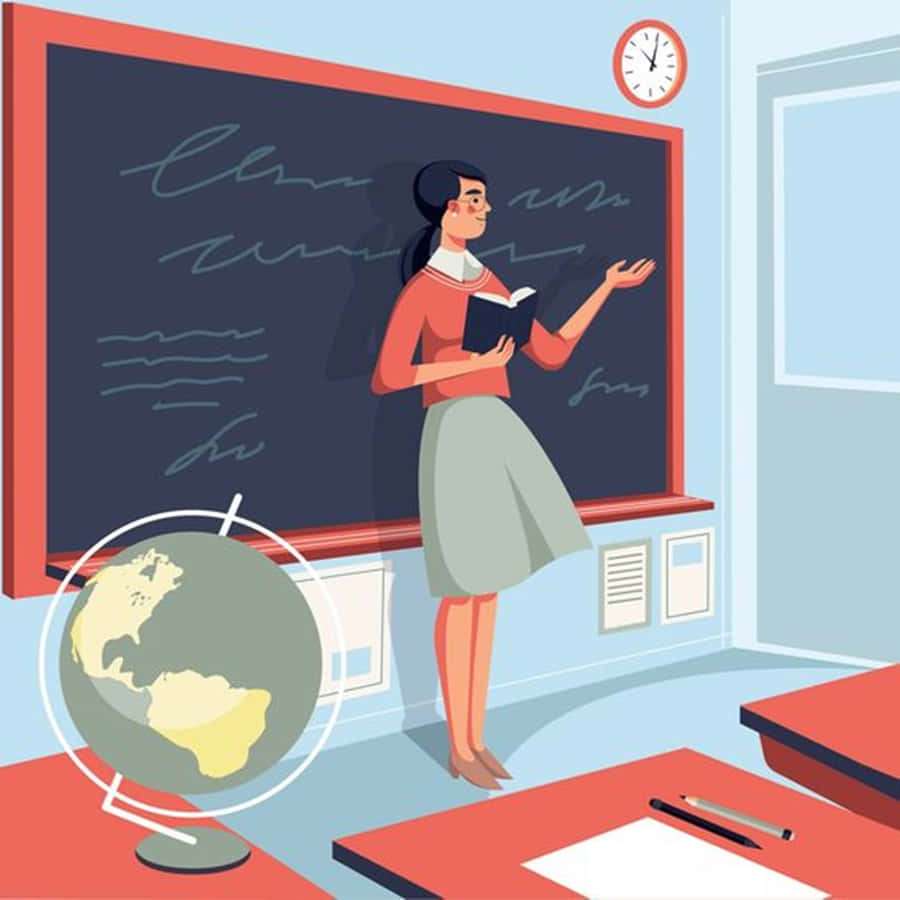 Teacher holding book in classroom with globe and chalkboard. — Cute Teacher Background