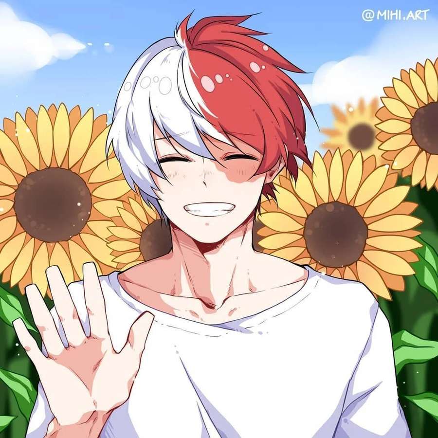 Anime boy with red and white hair waving in a sunflower field on a sunny day. — Cute Todoroki Background