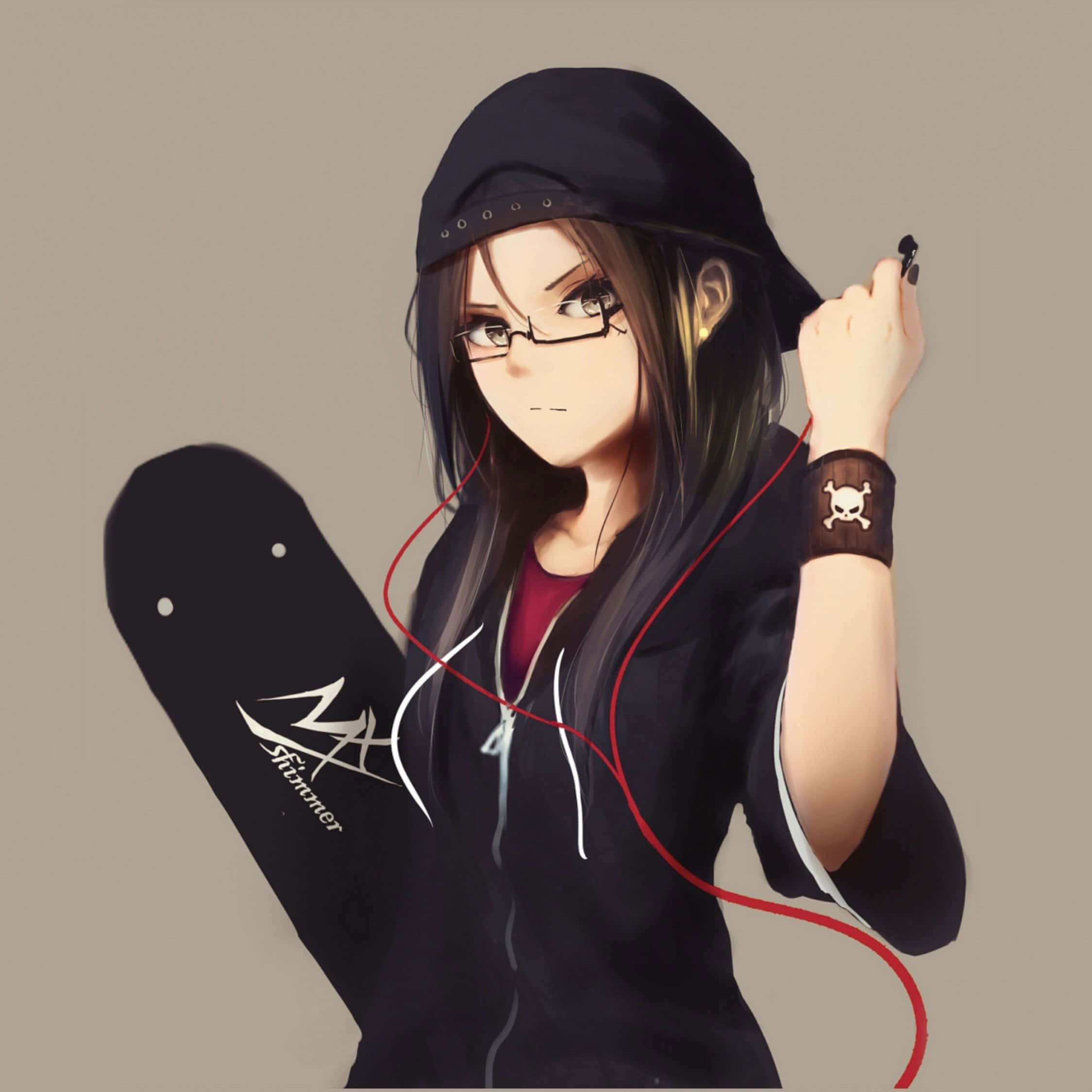 Anime girl in hoodie holding skateboard and adjusting red earphones. — Cute Tomboy Wallpaper