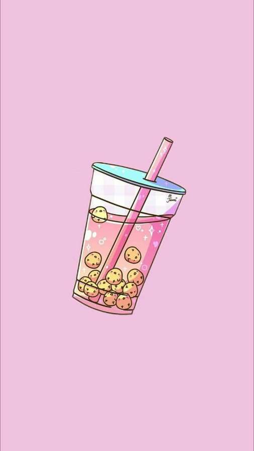 Pink bubble tea with smiling boba pearls and straw on pastel pink background — Cute Trendy Wallpaper