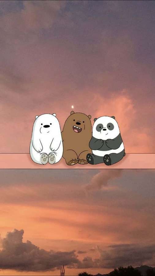 Three cartoon bears sitting on a ledge during a colorful sunset. — Cute We Bare Bears Wallpaper