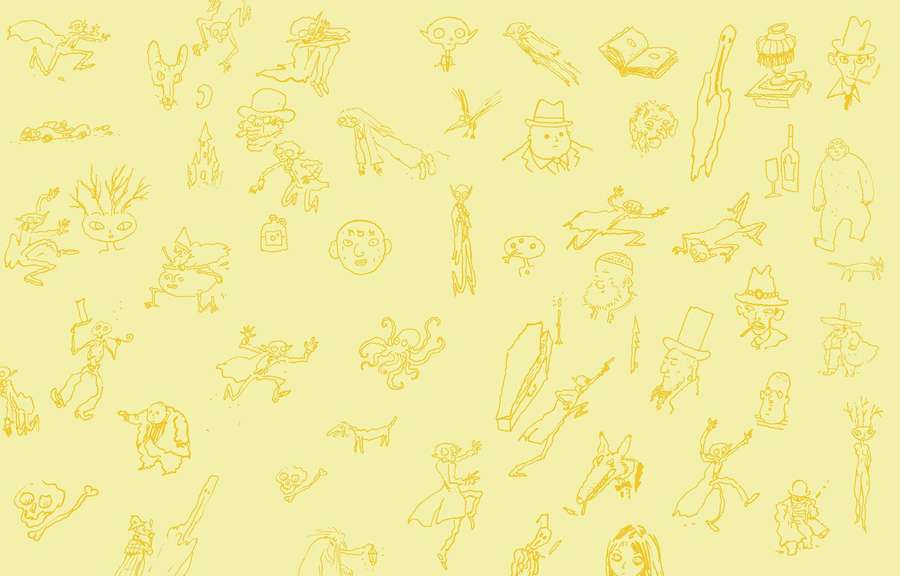 A yellow background with scattered cartoon doodles of people animals and objects. — Cute Yellow Wallpaper