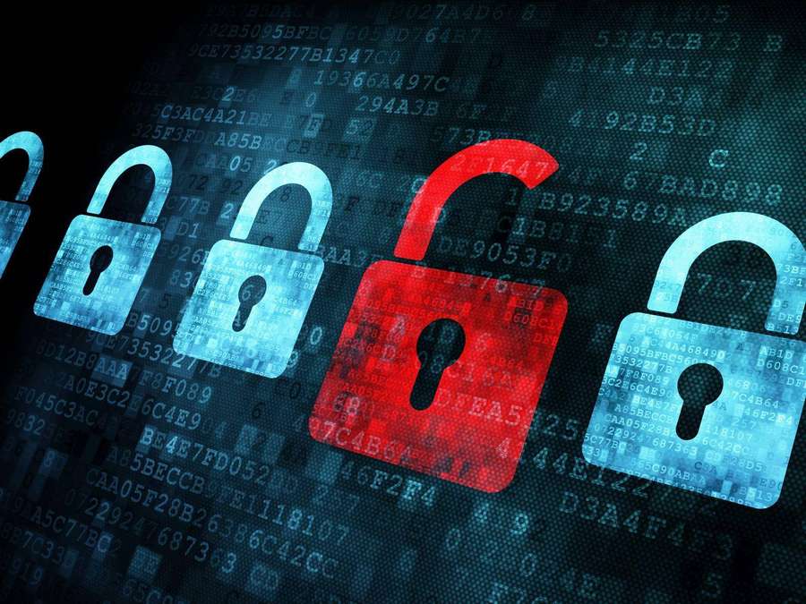 Digital padlocks with one broken red lock on a background of hexadecimal code. — Cyber Picture