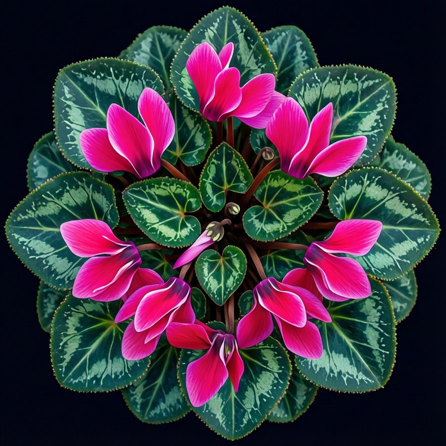 Cyclamen flowers with pink petals and green leaves on a black background. — Cyclamen Background