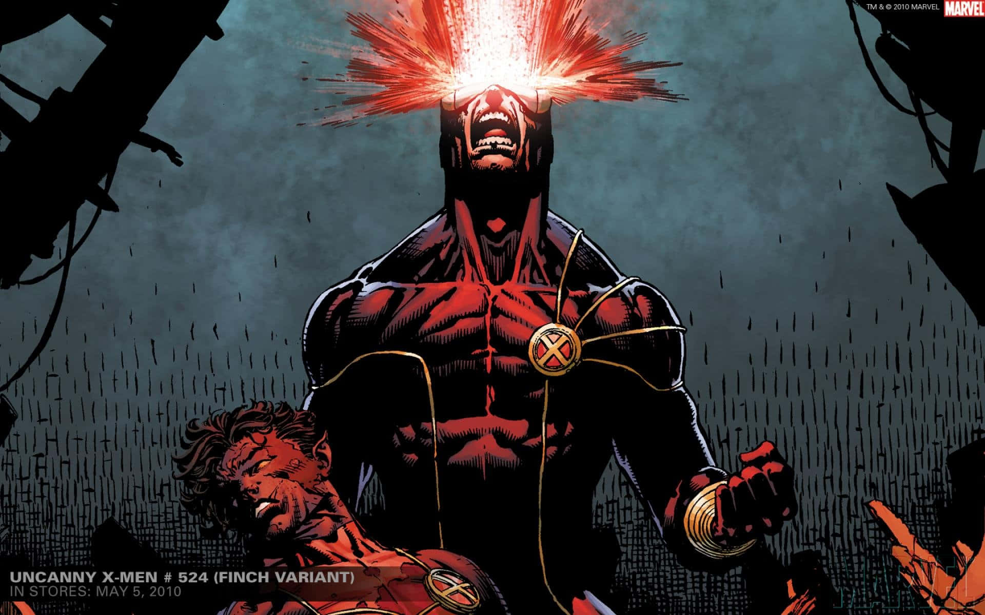 Superhero with glowing red eyes and energy burst standing in rain — Cyclops Wallpaper